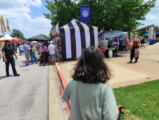 Photo of a girl in a light green shirt, seen from back, walking towards a row of tents, with colorful banners in the background, set up on a street in downtown Round Rock, Texas for Pride Fest 6/7/2025