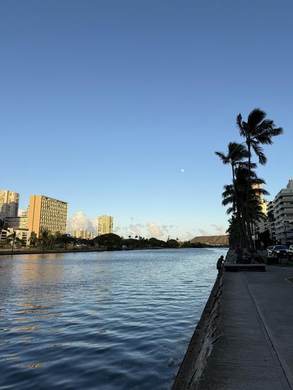A scenic view of a calm waterway lined with palm trees and buildings under a clear blue sky. The moon is visible in the distance, and several people are enjoying the canal.