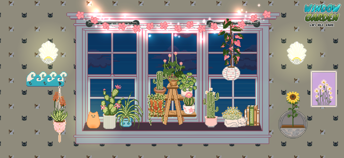 Pixel art screenshot of a window garden in a living room with cat pattern wallpaper, pink sakura fairy lights draped across the large window, and many plants arranged on the windowsill, including some on a ladder shelf, and a couple hanging plants.