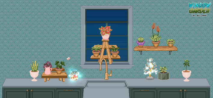 Pixel art screenshot of a kitchen window behind the sink, many plants arranged in the window and along the counter on either side of the sink, with a small lighted tree, and a jar filled with fairy lights among the plants. A shelf attached to the wall to the right of the sink holds additional plants.
