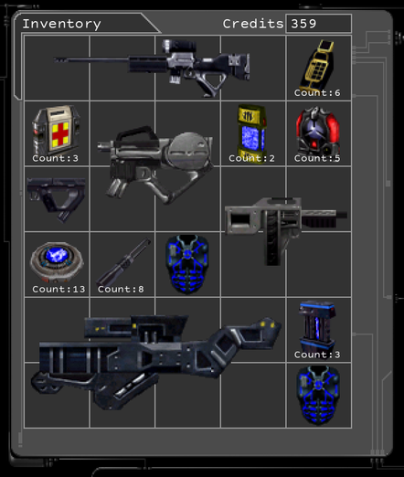 An inventory screen containing:
Sniper Rifle
Guided Explosive Projectile (GEP) Gun
Thermoptic Camo
Thermoptic Camo
Electromagnetic Pulse (EMP) Grenade (Count: 3)
Lockpick (Count: 8)
Bioelectric Cell (Count: 13)
Stealth Pistol
Lightweight Attack Munitions (LAM) (Count: 5)
Assault Shotgun
Scramble Grenade (Count: 2)
Assault Rifle
Medkit (Count: 3)
Multitool (Count: 6)

