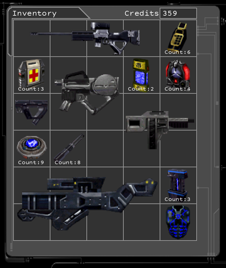 An inventory screen containing:
Sniper Rifle
Guided Explosive Projectile (GEP) Gun
Thermoptic Camo
Electromagnetic Pulse (EMP) Grenade (Count: 3)
Lockpick (Count: 8)
Bioelectric Cell (Count: 9)
Stealth Pistol
Lightweight Attack Munitions (LAM) (Count: 4)
Assault Shotgun
Scramble Grenade (Count: 2)
Assault Rifle
Medkit (Count: 3)
Multitool (Count: 6)
