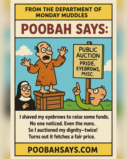 Poobah stands at a surreal outdoor auction wearing a moth-eaten robe, clearly missing his eyebrows. Behind him is a crooked sign: “Public Auction – Pride, Eyebrows, Misc.” A small crowd including a nun and a dog in a monocle are bidding enthusiastically. The sky is cartoonishly blue with one confused cloud. The whole scene is colourful and playfully absurd. 