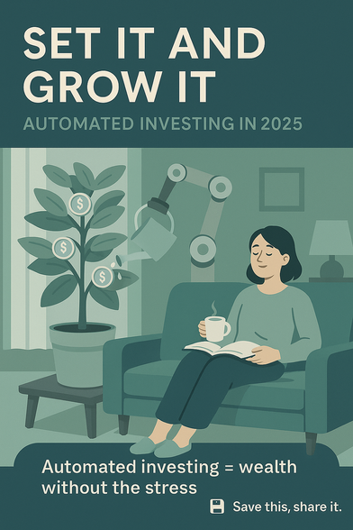 An infographic titled “Set It and Grow It: Automated Investing in 2025.” It features an illustration of a relaxed woman sitting on a couch, reading a book and holding a cup of coffee. Beside her, a robotic arm waters a money tree with dollar signs on its leaves. The caption at the bottom reads, “Automated investing = wealth without the stress,” with an icon encouraging viewers to “Save this, share it.”