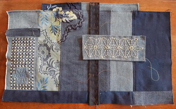 Collage aus Denim (von alten Jeans) und Resten eines geblümten Möbelstoffes. Einige Stellen sind bereits bestickt. Zwei Stoffstücke müssen noch festgenäht werden. Gedacht ist die Arbeit in Blutungen mit gelegenen Akzenten als Bespannung der Rückenlehne eines der Sessel.
