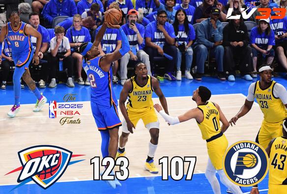 "Oklahoma City Thunder player Shai Gilgeous-Alexander goes up for a shot against multiple Indiana Pacers defenders during Game 2 of the 2025 NBA Finals. Final score: Thunder 123, Pacers 107. The image features team logos, players in action, and branding from LV33 and the NBA Finals."