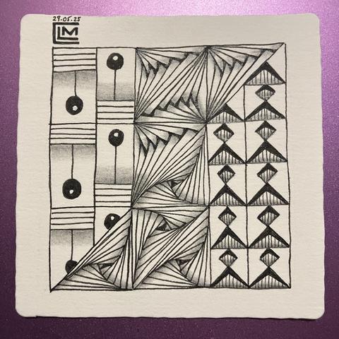 Finished tile with black ink patterns and graphite shading