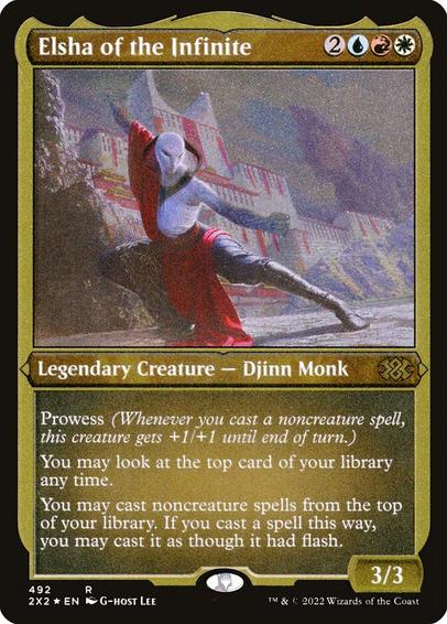 Card Name: Elsha of the Infinite
Set: Double Masters 2022
Description: Prowess (Whenever you cast a noncreature spell, this creature gets +1/+1 until end of turn.)
You may look at the top card of your library any time.
You may cast noncreature spells from the top of your library. If you cast a spell this way, you may cast it as though it had flash.
Artist: G-host Lee