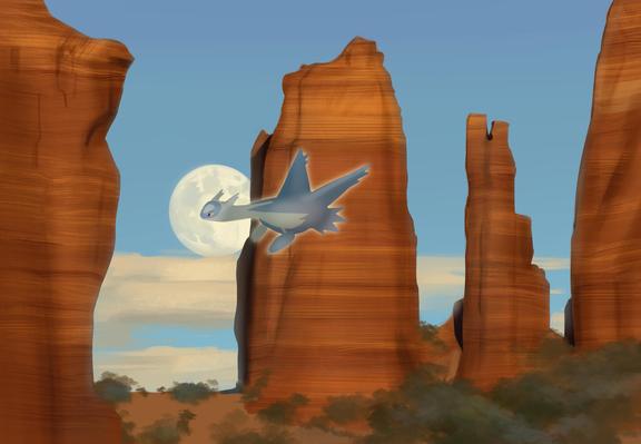 Latios flies against the backdrop of Cayenne in the light of the big moon