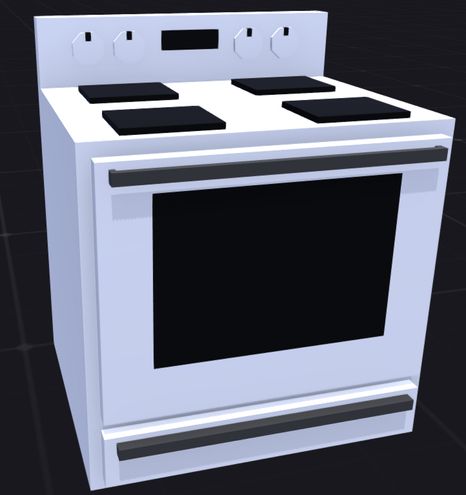 The image depicts a white electric stove with a black cooktop and oven. The stove has four black rectangular burners on the top surface, arranged in a 2x2 grid. Above the burners, there are four control knobs, two on each side, and a digital display in the center. The oven door is large with a black window, and it has a horizontal handle in the center. Below the oven door, there is a smaller drawer with a handle. The background is a dark grid pattern, suggesting a virtual or computer-generated environment.