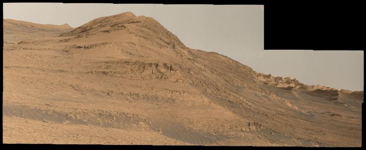 An ochre toned mosaic capturing the cliffs, buttes and yardangs south of the rover, looking up the slopes of Aeolis Mons. Captured at around 6 pm local time.