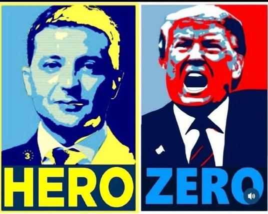 Poster de style pop art mettant en scène deux figures politiques. La figure de gauche (Selensky) est étiquetée HERO en lettres jaunes, tandis que la figure de droite (Trump) est étiquetée ZERO en lettres bleues. 