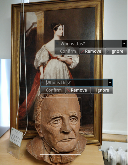 Painting of Ada Lovelace and bust of Charles Babbage. Both have been detected as faces.