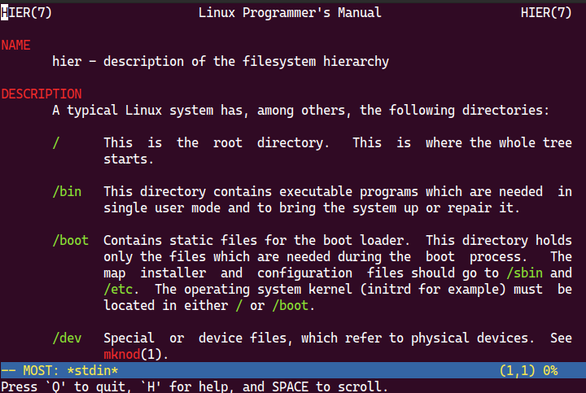 A man page screenshot for hier(7) which is  a description of the filesystem hierarchy on Linux and Unix-like systems such as freebsd or macos and others.