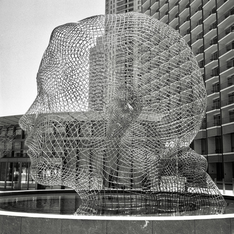 A black and white film photo. A giant human head, composed of metal wire, emerges from a pool of water outside a building in Los Angeles, California. Wednesday, May 14, 2025.