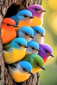 Many Beautiful bright multi colorful birds peaking out of a tree hole