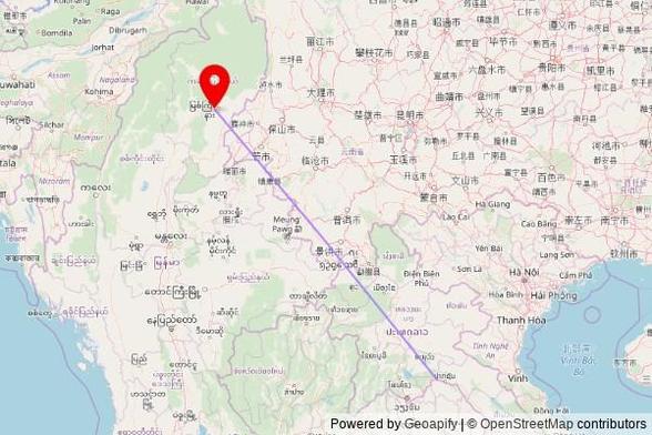 A map showing the great circle route from Ban A Hong in Thailand to a map pin at Aung Thu Kha Meditation Center, Myitkyina Township, 01011, Myanmar