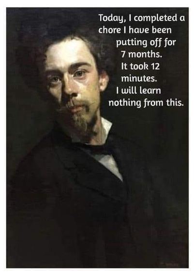 "Today, I completed a chore I have been putting off for 7 months. It took 12 minutes. I will learn nothing from this."