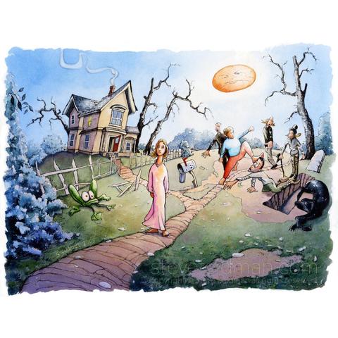 My watercolor painting titled “Celestial Disquietude” features a young girl standing on a path in front of a rural house at night while a disturbing group of characters consummate their destiny beneath a strange planetary body.