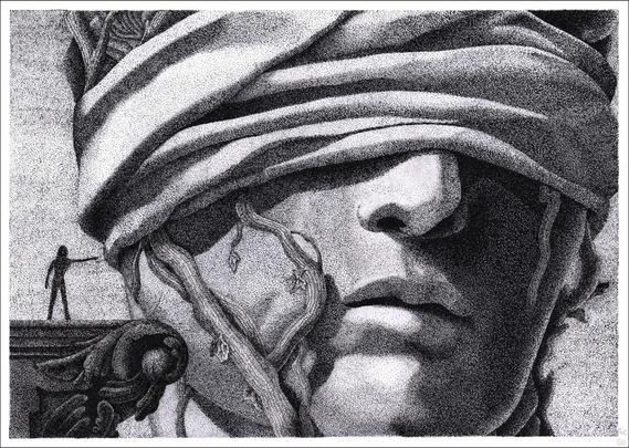 Black and white dotwork image of the head of a giant statue. The Statue is blindfolded with vines growing on the sides of the face, in the bottom left is a silhouetted figure atop a column pointing at it.