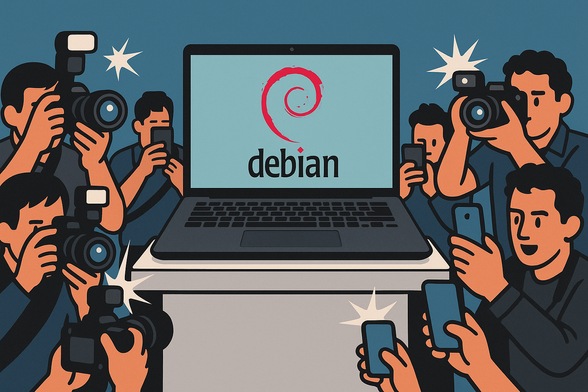 En el centro una laptop con el logotipo de Debian GNU/Linux, asentada sobre un pedestal, mientras un grupo de reporteros gráficos le toma "instantáneas" fotográficas a la laptop