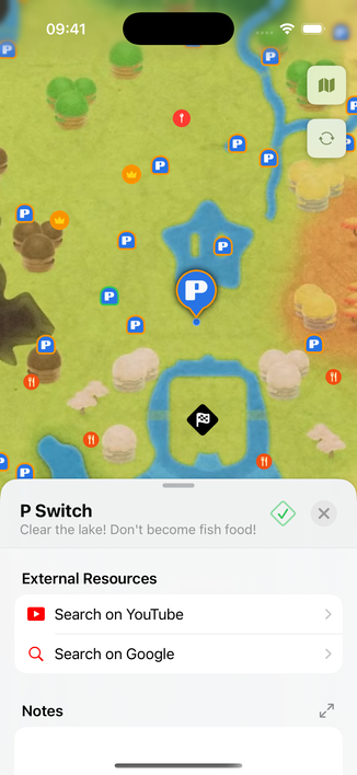 A screenshot of an iOS app, showing a map of the world of Mario Kart World, with various pins for points of interest. One POI is selected, and the sheet at the bottom shows details for this location.
