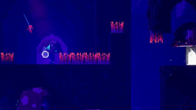 A tiny pink mushroom person is falling into a bubble. The bubble has an arrow indocating a launch trajectory up and over some spikes.

Near the end of the level is a large glowing exit.
