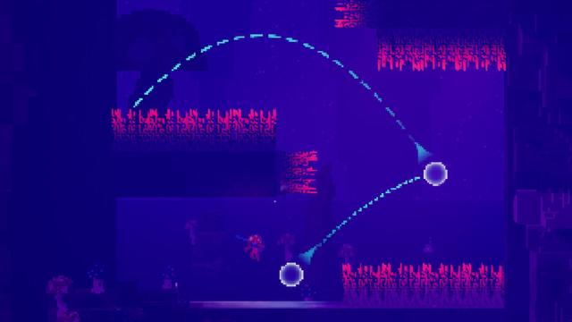 A small pink mushroom person jumping to a bubble with a dotted line leading to another bubble. The platforming level is riddled with spikes to avoid.

The atmosphere is dark with many mushrooms to indicate the level is in a cave.