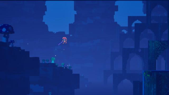 A light brown mushroom person jumping in a large blue tinted and cavernous area.

The background is littered with the ruins of some past civilization.