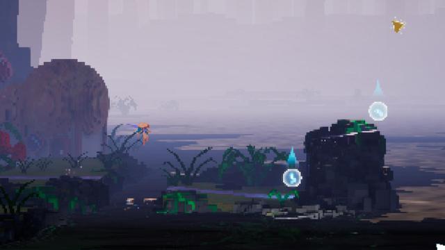 A light brown mushroom person jumping over a river stream in an above ground, well list, and lush environment. A mushroom house and a lake are partially obscured by fog in the background.

Ahead of them in the platforming level are bubbles with arrows that indicate a direction.

A tiny ancient gold artifact glitters in the top right.