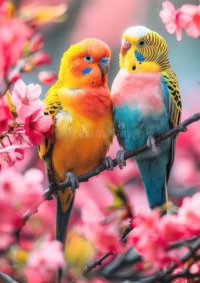 Two Beautiful bright colorful canaries sitting on a pink flowered tree branch 