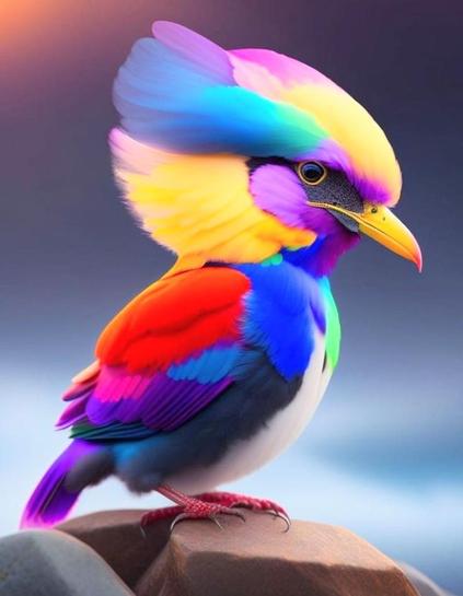 A very funny big head bird full of multiple bright colors 