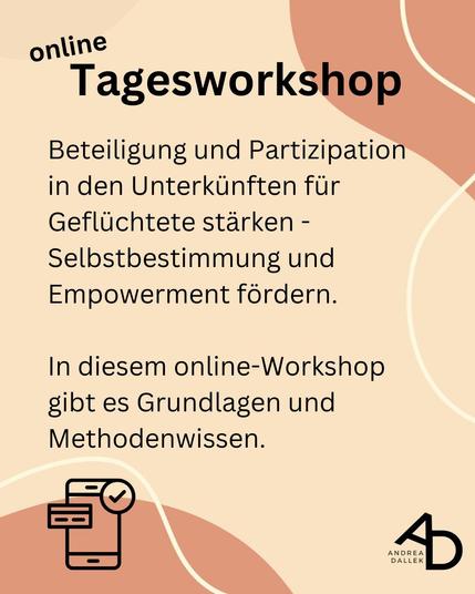 Heller Hintergrund mit orangenen geschwungenen Elementen oben rechts und unten links. Textfarbe schwarz. Unten links eine Grafik eines Smartphones oder Tablets. Unten rechts das Logo von Andrea Dallek.