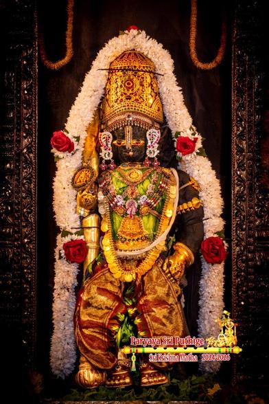 Idol of Hindu deity Krishna in green top and elaborate border of the same green outfit covering his legs; wearing gold shoes, crown, and several gold ornaments; holding a gold-clad staff in right hand. A dense thick white flower garland goes from the ground on Krishna's left, over the crown, and down the other side of Krishna all the way back to the floor. The sides of a frame/arch around Krishna visible. 