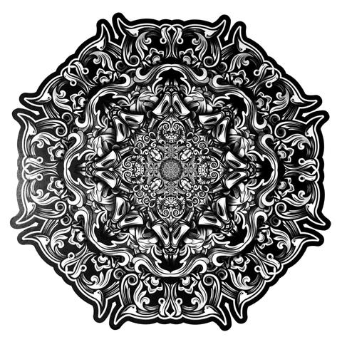 Black on white vector mandala that has been printed and coloured in or shaded using varying grades of pencil. Many varying symmetrical organic and floral ornaments rotate in patterned sections emanating outwards around an eight fold axis.