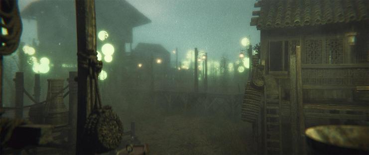 Wide shot, exterior, night -

Wooden structures on narrow platforms rise up out of the swamp and the strange glowing orbs of the local flora. 