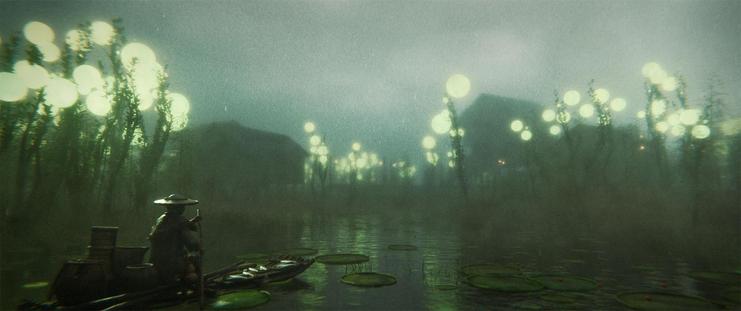 Wide shot, exterior, night -

Wooden structures on narrow platforms rise up out of the swamp and the strange glowing orbs of the local flora. A shadowed figure on a raft makes their way across the water towards the structures.