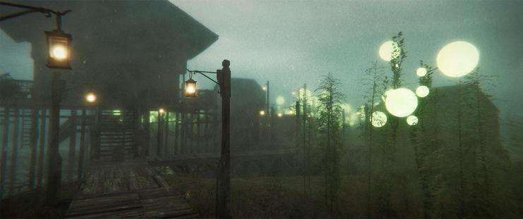 Wide shot, exterior, night -

Wooden structures on narrow platforms rise up out of the swamp and the strange glowing orbs of the local flora. 