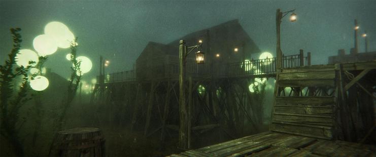 Wide shot, exterior, night -

Wooden structures on narrow platforms rise up out of the swamp and the strange glowing orbs of the local flora. 