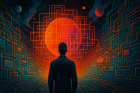A surreal, retro-futuristic landscape showing a lone figure facing a glowing portal amidst digital ruins, symbolising resistance, reflection, and reimagining in a platform-dominated world.