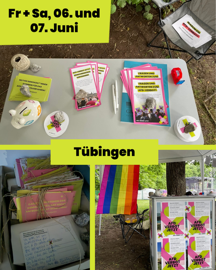 3 Fotos aus Tübingen:
Eines zeigt den Tisch mit Infomaterialien, Postkarten und Stickern.
Eines zeigt eine vielzahl von mit Paketschnur aneinander gebundenen Postkarten.
Eines Zeigt den Infostand mit Regenbogenflagge.