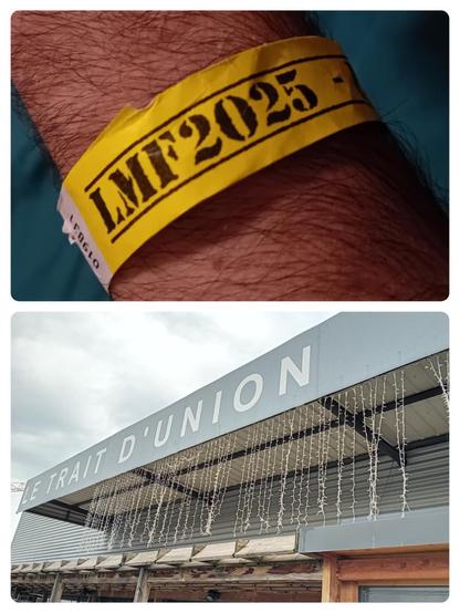 Lions Metal Festival dans son édition 2025. 
Une belle photo du bracelet (avec les poils comme dirait Manu). 
Une photo de la salle des fêtes de Montagny, Le Trait d'Union.