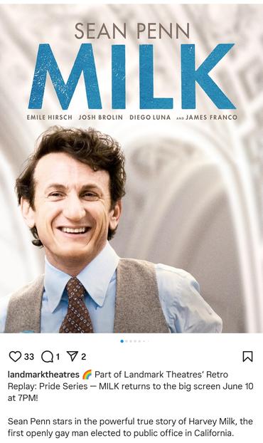 Poster for the film MILK with Sean Penn as Harvey Milk.