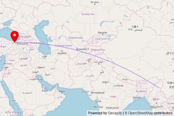 A map showing the great circle route from Myitkyina Township in Myanmar to a map pin at Atme Yılmaz Cami, Dibekli Yolu, Gümüşhane, Turkey