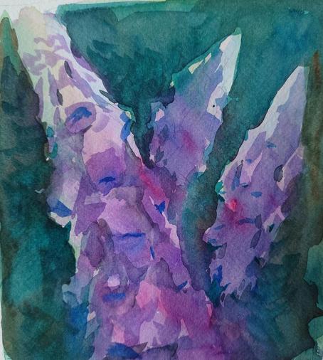 A watercolor painting of very loose Digitalis flowers. The flowers themselves are purple and rather mid in tone. The background is a dark greenish blue