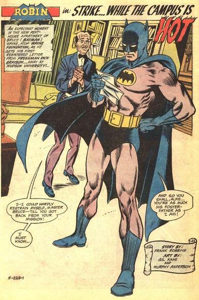 Opening splash page from the first Batman comic at the beginning of the "Bronze Era" to show hi moved out of Wayne Manor and now living in a hip urban penthouse apartment, so that he can be "closer to the crime," part of the efforts in the late 1960s to modernize DC's comics lines for a hippie countercultural age.