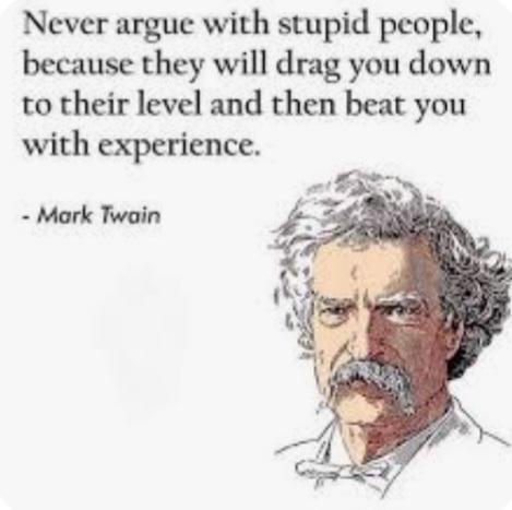 The image shows a drawing of Mark Twain with the quote:

Never argue with stupid people because they will drag you down to their level and then beat you with experience.