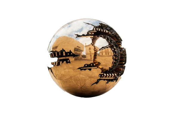 A sherical bronze sculpture of a sphere in a sphere with geometric cutouts revealing the inner sphere by Pomodoro now at Trinity College in Dublin, Ireland.