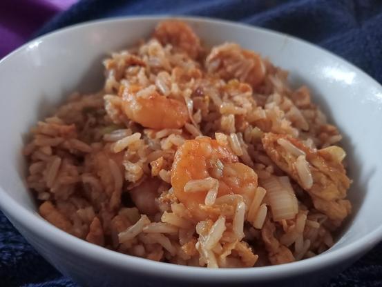 A bowl of homemade egg and prawn fried rice