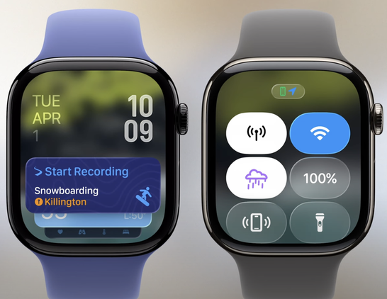 Two Apple Watches, one showing the Smart Stack with a slopes tile, and another showing control center with the custom dark noise control.